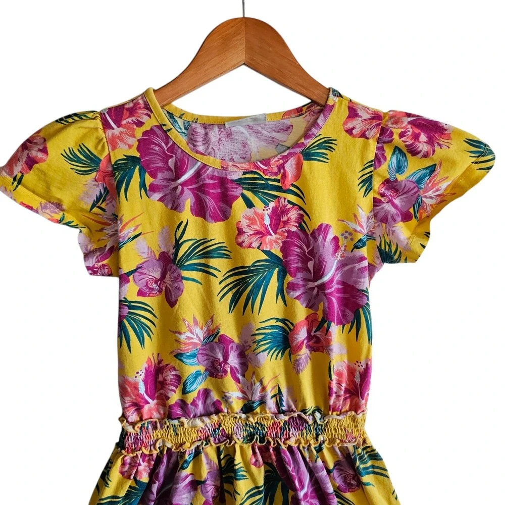 LC Waikiki Floral Dress Smocked Waist Girls Yellow Purple Casual 9 10 Years‎